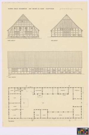 Vehrte (Kreis Osnabrück): Hof Meyer Zu Hage. Haupthaus (Nord-Giebel-Ansicht, Süd-Giebel-Ansicht, West-Seiten-Ansicht, Grundriss)