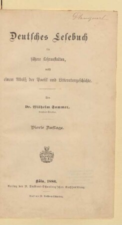 Deutsches Lesebuch für höhere Lehranstalten, nebst einem Abriß der Poetik und Litteraturgeschichte
