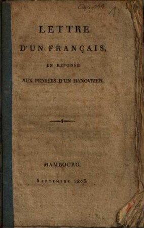 Lettre d'un français, en réponse aux pensées dún Hanovrien