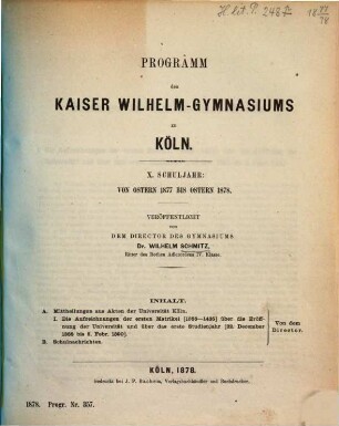 Programm des Königlichen Kaiser-Wilhelm-Gymnasiums zu Köln : ... Schuljahr von Ostern ... bis Ostern ..., 1877/78 = 10