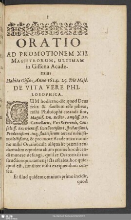 Oratio Ad Promotionem XXI. Magistorum, Ultimam in Gissena Academia