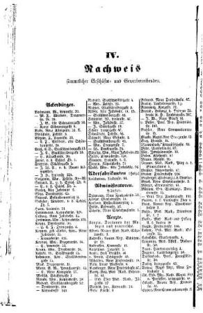 IV. Nachweis sämmtlicher Geschäfts= und Gewerbetreibenden