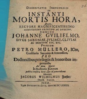 Dissertatio inauguralis de instanti mortis hora