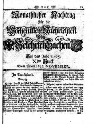 Monathliche Nachtrag [...] Auf das Jahr 1765 XItes Stuck Des Monaths November