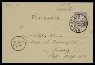 Nr. 4: Postkarte von Ludwig Scheeffer an Felix Klein, München, 11.2.1885