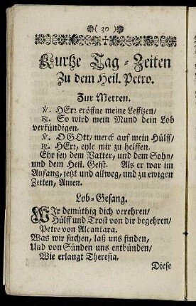 Kurtze Tag-Zeiten Zu dem Heil. Petro.
