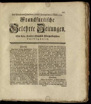 Num. LXXXI. Freytags den 10. Octobr. 1749 - Num. XC. Dienstags den 11. Nov. 1749
