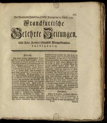 Num. LXXXI. Freytags den 10. Octobr. 1749 - Num. XC. Dienstags den 11. Nov. 1749