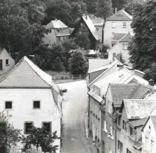Colditz. Tiergartenstraße mit Wohnhaus (Städtisches Museum Colditz), Nr. 1. Blick vom Turm der Stadtkirche St. Egidien