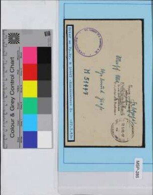 Privat-Feldpostbrief, Schiffsname/Landeinheit: an Kanonenboot "K2" ex niederländisches Kanonenboot; Frankatur, Mi.-Nr.: [Keine]; Poststempel: Masch.-Stpl: Frankfurt (Main) md Stadt des deutschen Handwerks 27.5.43; Nebenstempel: Res. Lazarett Ivb Frankfurt a. M.