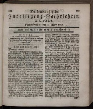 XIX. Stück. Sonnabends : den 6. May 1780.