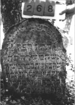 Grabstein 268 (Index: 99799888) Material: Sandstein Zustand: stark verwittert, angeschlagen Maße HxBxT: 77x56x10 cm Beschreibung: Stele, eingezogener Rundbogenabschluß, Schriftfeld eingetieft: Grabstein 268
