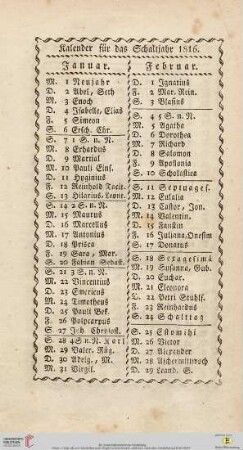 Kalender für das Schaltjahr 1816