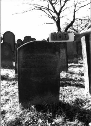 Grabstein 197 (Index: 100116352) Material: Sandstein Zustand: stark verwittert Maße HxBxT: 103x57x11 cm Beschreibung: Stele mit Segmentbogenabschluß: Grabstein 197
