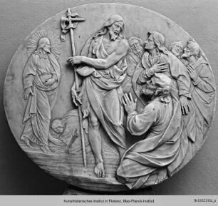 Ehemaliger Altar und Chorschranken (Fragmente: Domopera) : Johannes der Täufer weist auf Christus als Lamm Gottes (ehemals Baptisterium, Chorschranke)