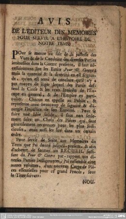 Avis De L'Editeur Des Memoires Pour Servir À L'Histoire De Notre Tems