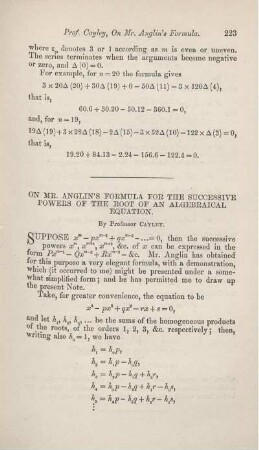 On Mr. Anglin's formula for the successive powers of the root of an algebraical equations.