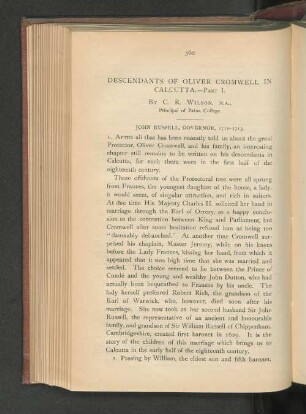 Descendants of Oliver Cromwell in Calcutta. Part I.