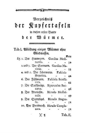 Verzeichniß der Kupfertafeln in diesem ersten Bande der Würmer