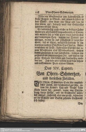 Das XIV. Capitel; Von Ohren-Schmertzen, und derselben Zufällen