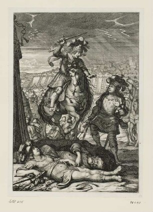 Charles VII auf dem Schlachtfeld, heilige Johanna von Orléans neben ihm, aus: Jean Chapelain, "La Pucelle ou La France delivrée, poëme héroïque", Paris 1656