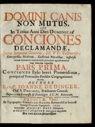 1: Conciones stylo brevi Pomeridianae, praecipue ad Venerandos Praesides Congregationum directae