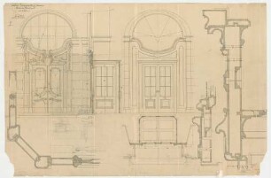 Thiersch, Friedrich von; München; Justizpalast - Portale mit Windfängen Südfassade (Ansichten, Schnitte, Teilgrundriss)