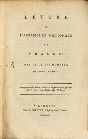 Lettre à l'assemblée nationale de France