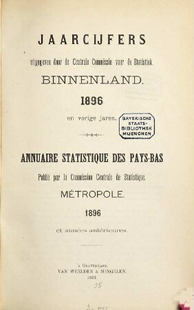 Jaarcijfers voor het Koninkrijk der Nederlanden. Binnenland = Métropole : = Annuaire statistique pour le Royaume des Pays-Bas. 1896 (1897)