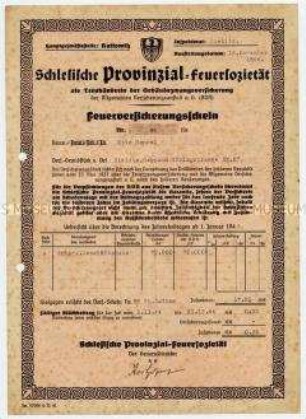 Feuerversicherungsschein der Schlesischen Provinzial-Feuersozietät - Familienkonvolut