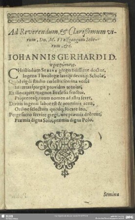 Ad Reverendum, et Clarißimum virum, Dn. M. Wolfgangum Seberum, etc.