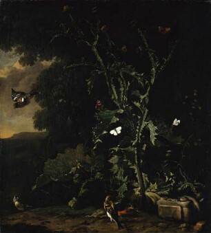 Stillleben mit Disteln und Vögeln