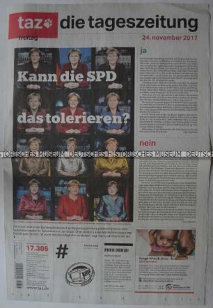 Tageszeitung "taz. die tageszeitung" mit Titel zur Regierungsbildung in Deutschland