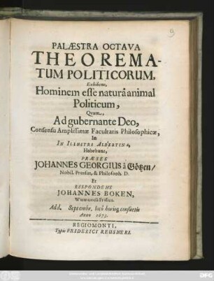 Palaestra Octava Theorematum Politicorum, Exhibens, Hominem esse natura animal Politicum,