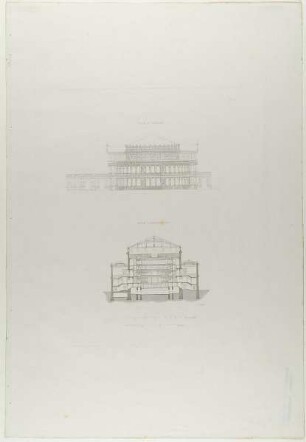 Vordere Ansicht (Rundbau) und Querdurchschnitt. Aus der Mappe "Das Königliche Hoftheater zu Dresden", hrsg. v. Gottfried Semper, Braunschweig 1849