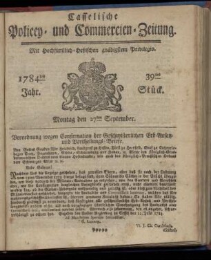 39tes Stueck, Montag den 27ten September. 1784
