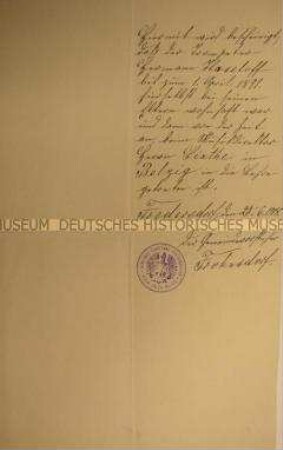 Meldebescheinigung über Wohnorte des Trompeters Hermann Haseloff; Fredersdorf, 25.Juni 1908