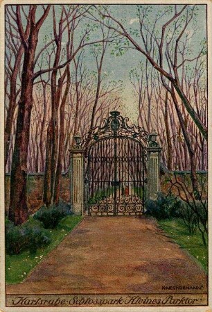 Postkartenalbum mit Motiven von Karlsruhe. "Karlsruhe. Schlosspark. Kleines Parktor". Parktor im Schlossgarten
