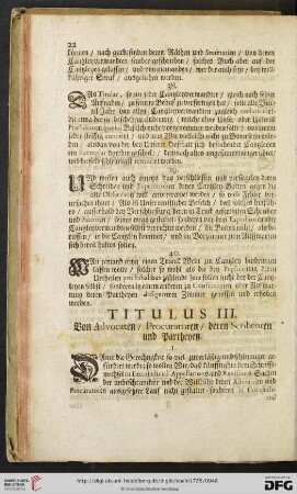 Titulus III: Von Advocaten / Procuratoren /deren Scribenten und Partheyen