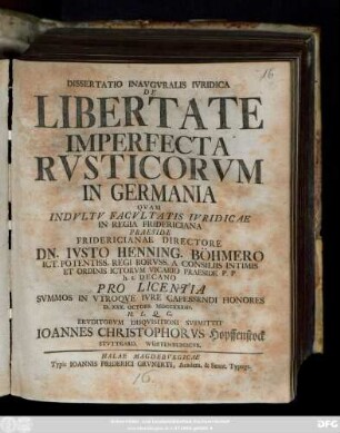 Dissertatio Inavgvralis Ivridica De Libertate Imperfecta Rvsticorvm In Germania