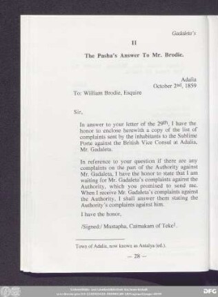 II The Pasha's Answer To Mr. Brodie.