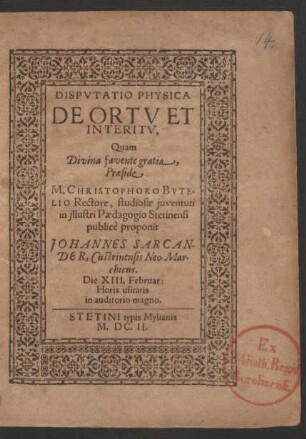 Disputatio Physica De Ortu Et Interitu