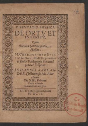 Disputatio Physica De Ortu Et Interitu