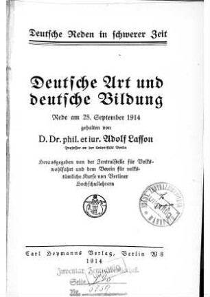 Deutsche Art und deutsche Bildung : Rede am 25. Sept. 1914