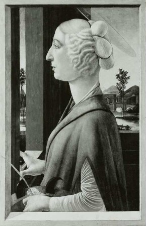 Bildnis einer jungen Frau im Profil, mit den später hinzugefügten Attributen der heiligen Katharina. (Caterina Sforza?)