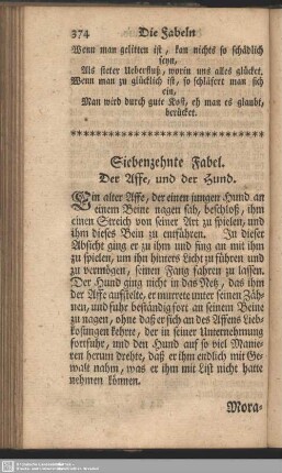 Siebenzehnte Fabel. Der Affe, und der Hund