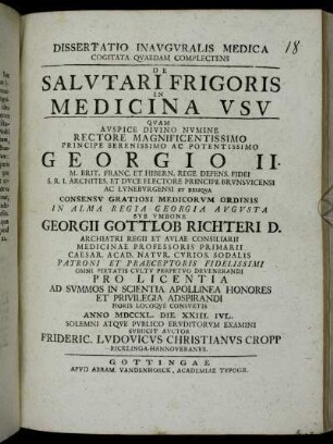 Dissertatio Inavgvralis Medica Cogitata Qvaedam Complectens De Salvtari Frigoris In Medicina Vsv