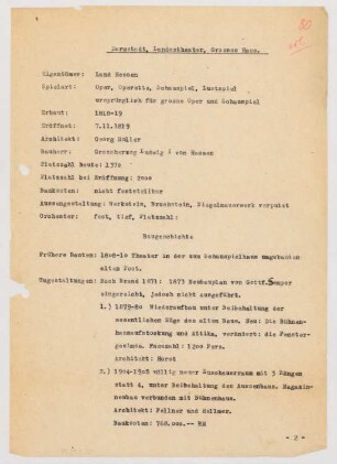 Großherzogliches Hoftheater, Darmstadt: Schriftstück zum Fragebogen für das Handbuch »Das Deutsche Theater«