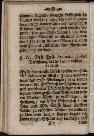 §. IV. Deß Heil. Francisci Solani Verrichtung in den Tucumanischen Ländern