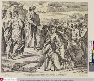 [Moses zeigt den Menschen die Gesetzestafeln.; Moise montrant au peuple les tables de la Loi.]